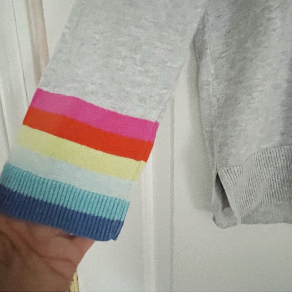 Lisa Todd Light Gray V-Neck Sweater with Rainbow Cuffs - Picture 4 of 7